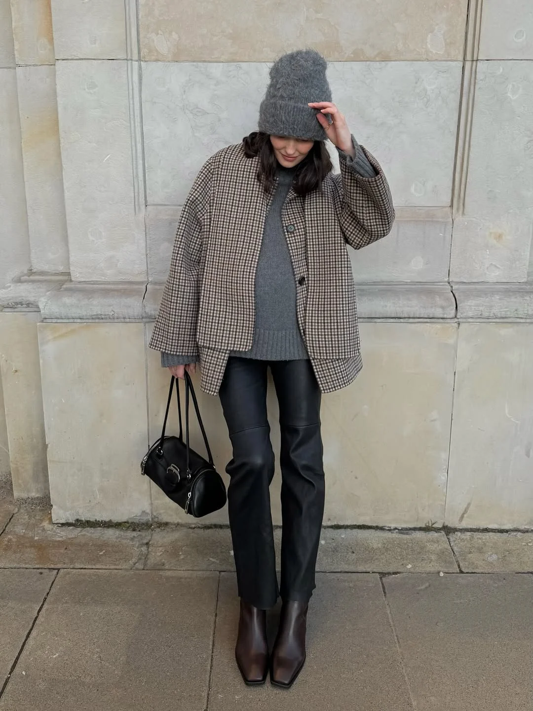 fall outfits with boots 2026 Plaid Jacket, Grey Knit And Leather Pants With Brown Ankle Boots
