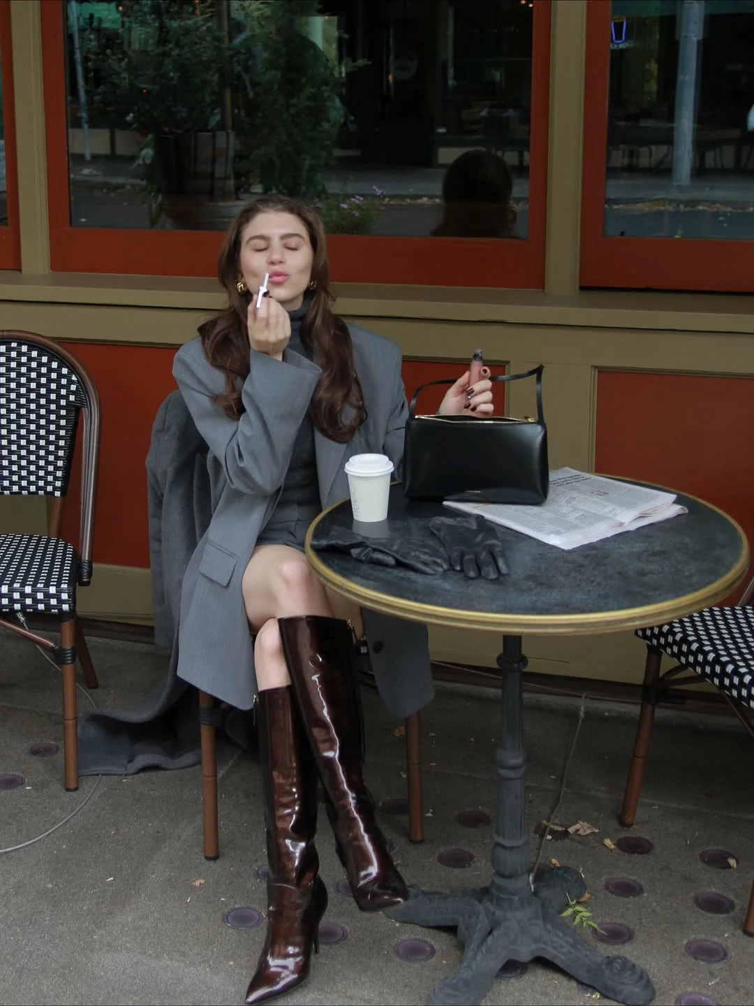 fall outfits with boots 2026 Grey Tailoring With Glossy Brown Knee Boots