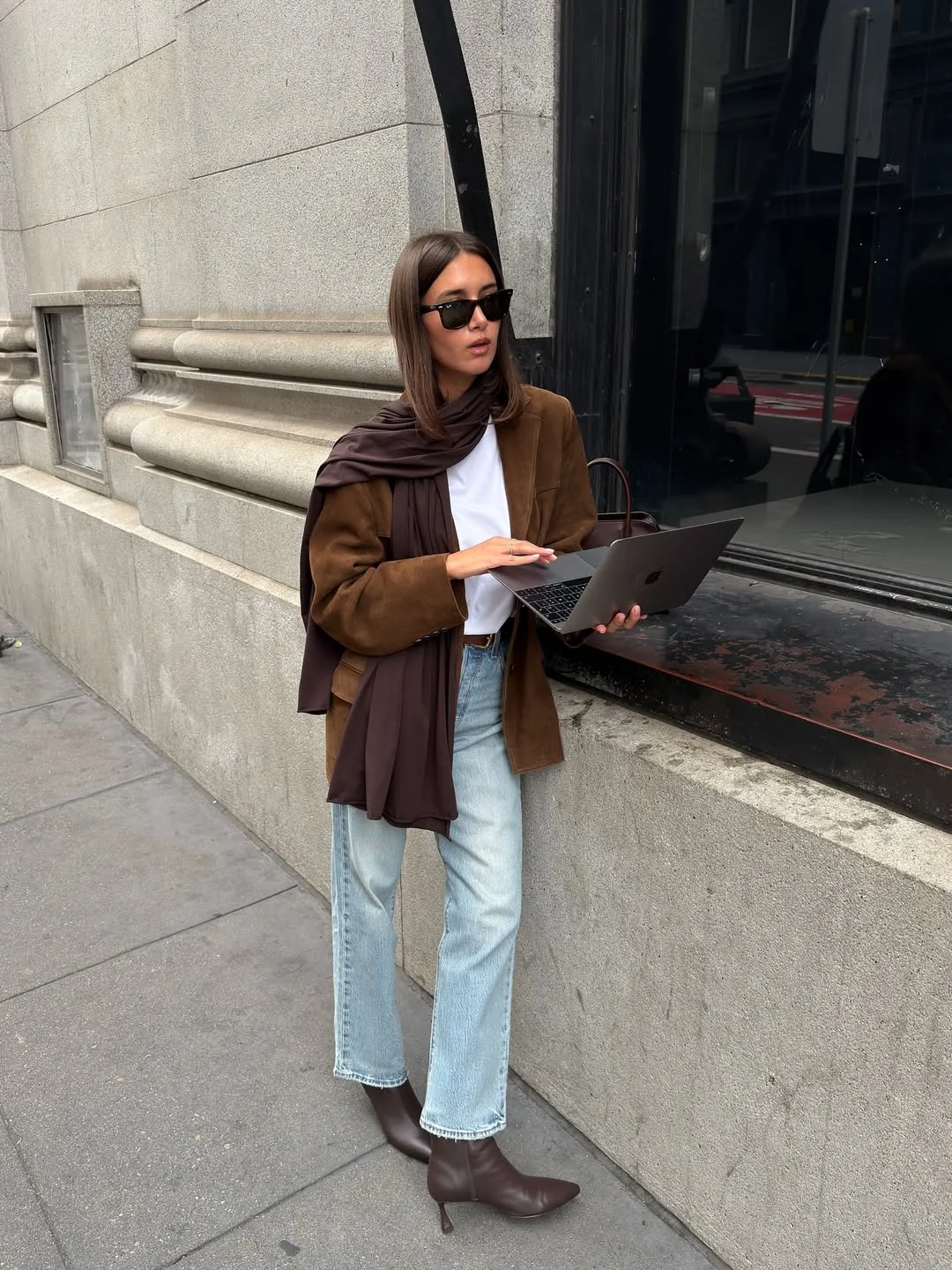 fall outfits with boots 2026 Suede Jacket, Pale Jeans And Chocolate Ankle Boots