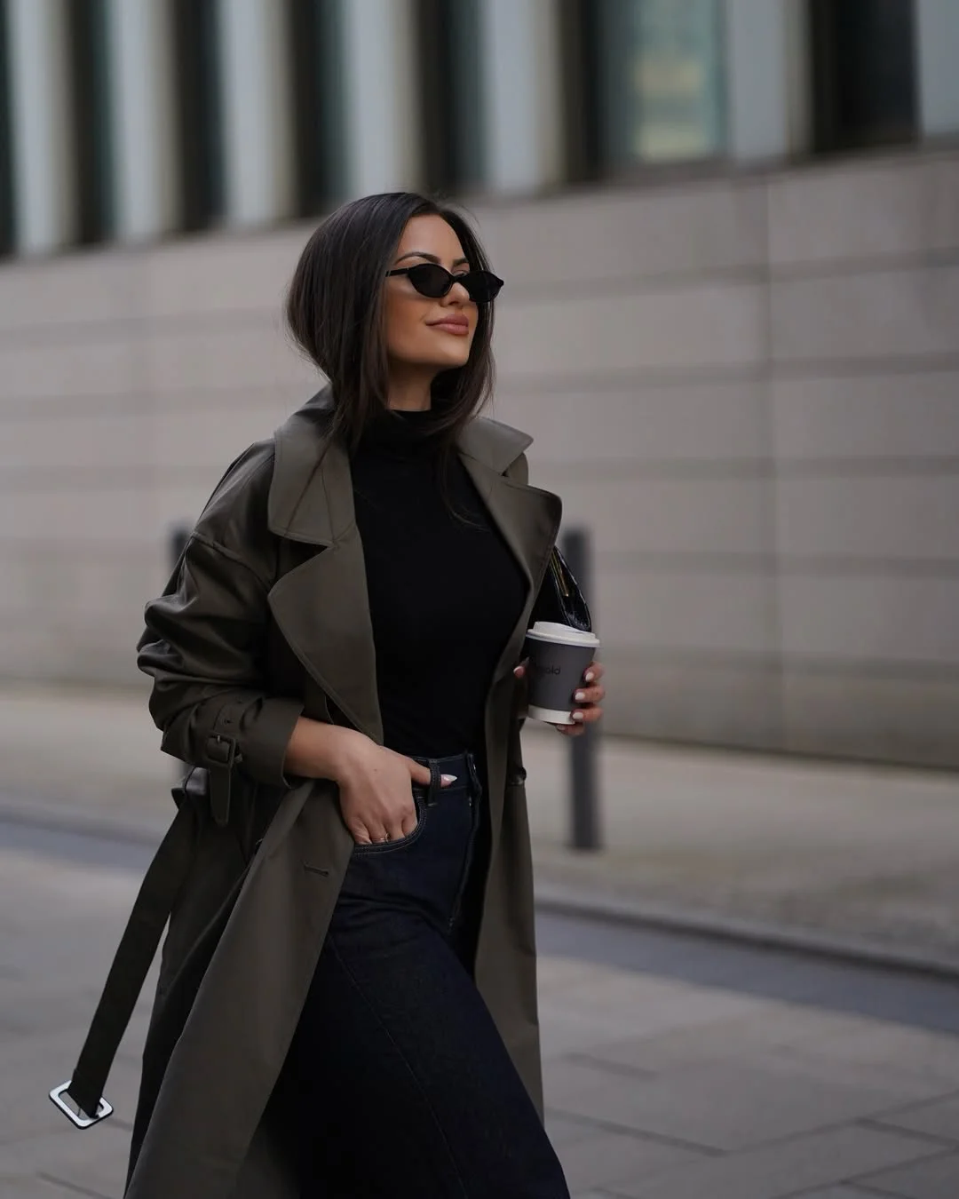 fall outfits with coat 2026 + Olive Trench With Black Knit and Dark Denim