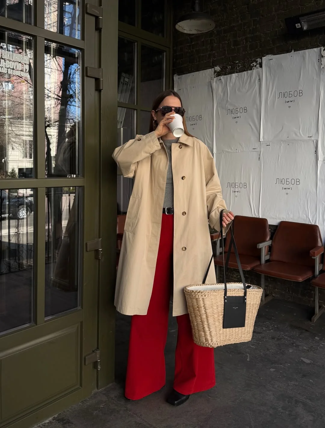 fall outfits with coat 2026 + Red Trousers and a Relaxed Beige Coat