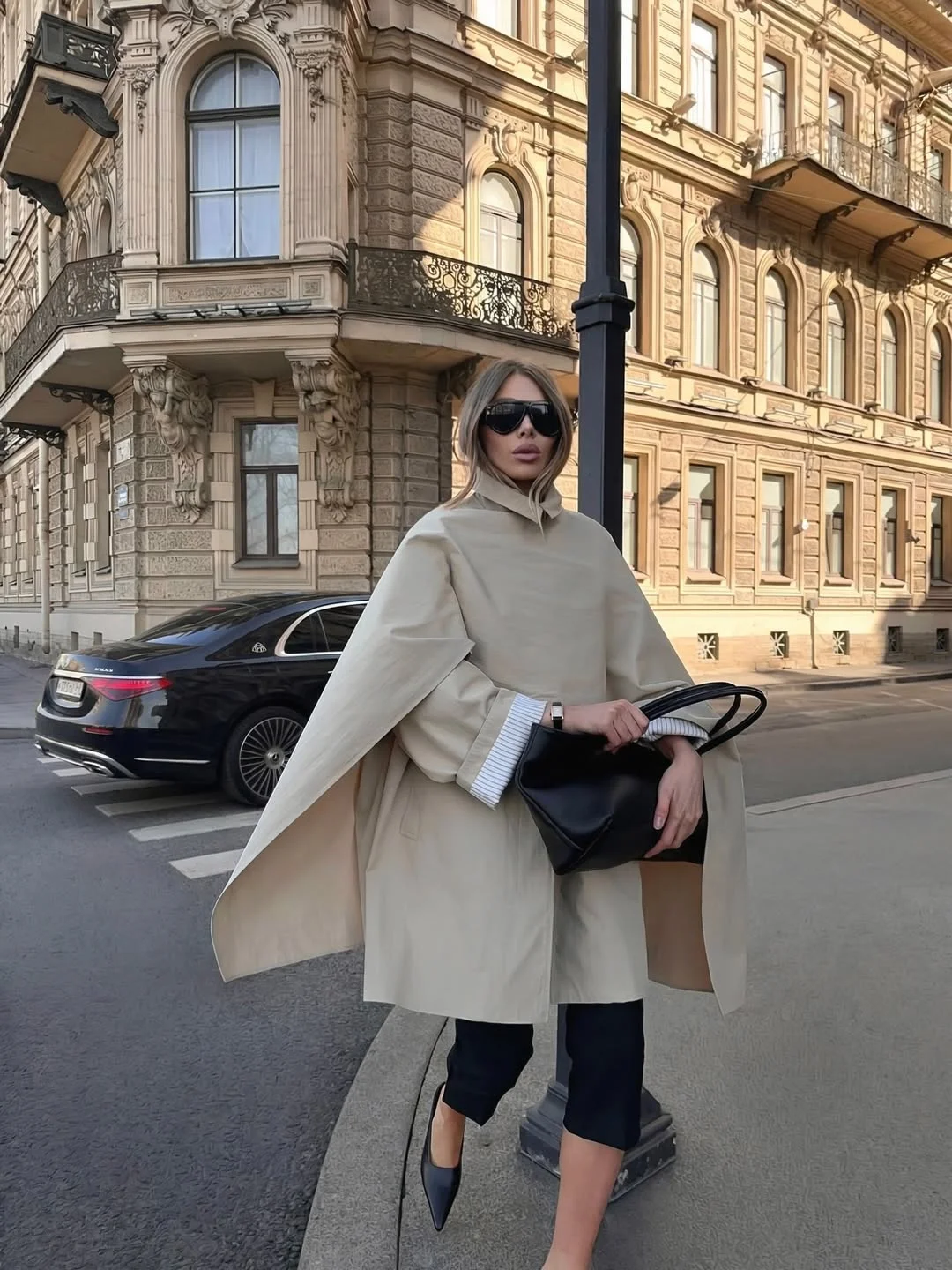 fall outfits with coat 2026 + Cape-Shoulder Trench With Cropped Trousers and Black Mules