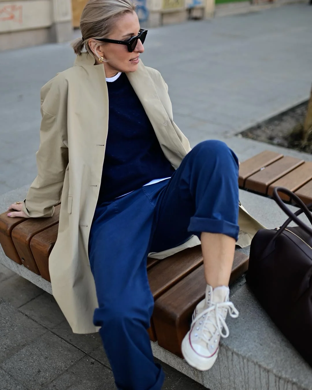 fall outfits with coat 2026 + Navy Separates and White Sneakers Under a Lightweight Trench