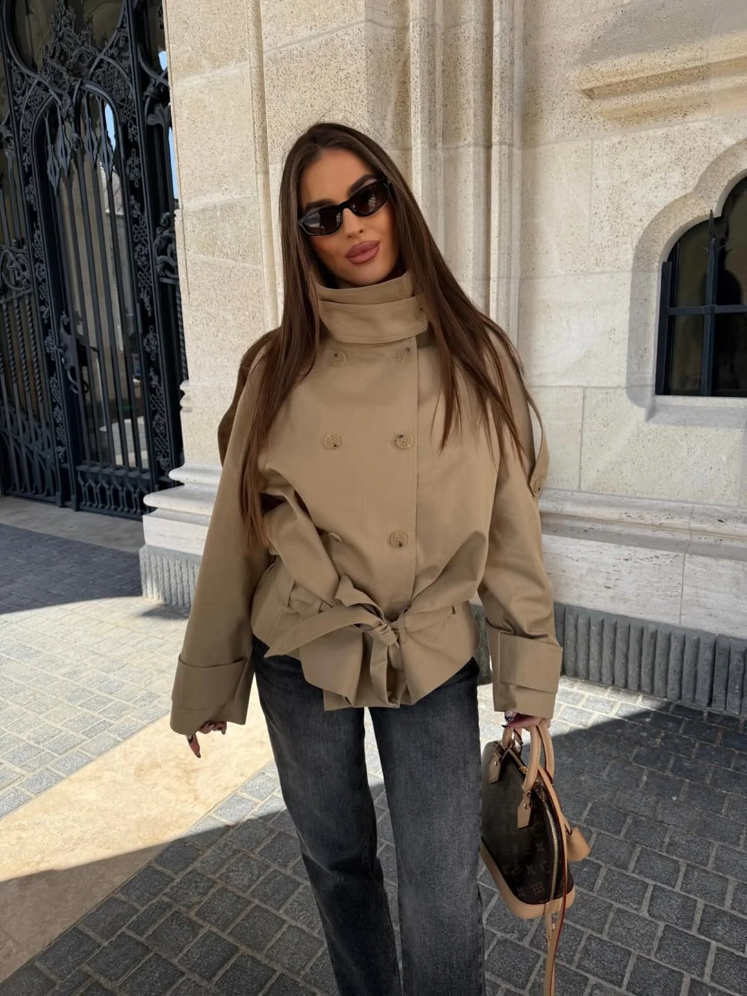 fall outfits with coat 2026 + Cropped High-Neck Trench With Charcoal Denim