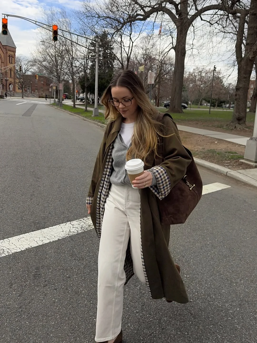 fall outfits with coat 2026 + Chocolate Trench With Ivory Denim and a Gray Cardigan