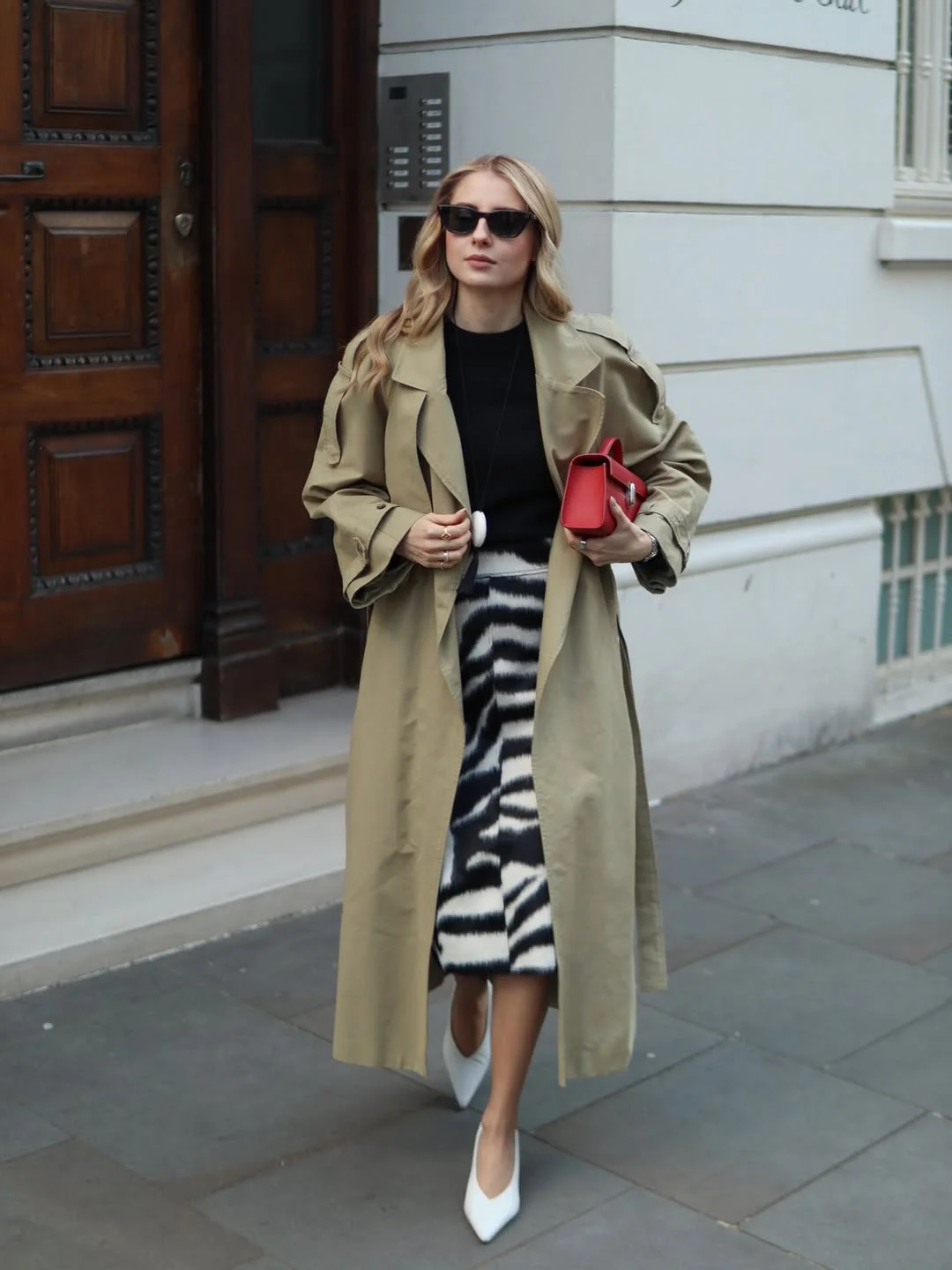 fall outfits with coat 2026 + Olive Trench With a Graphic Midi Skirt and White Pumps