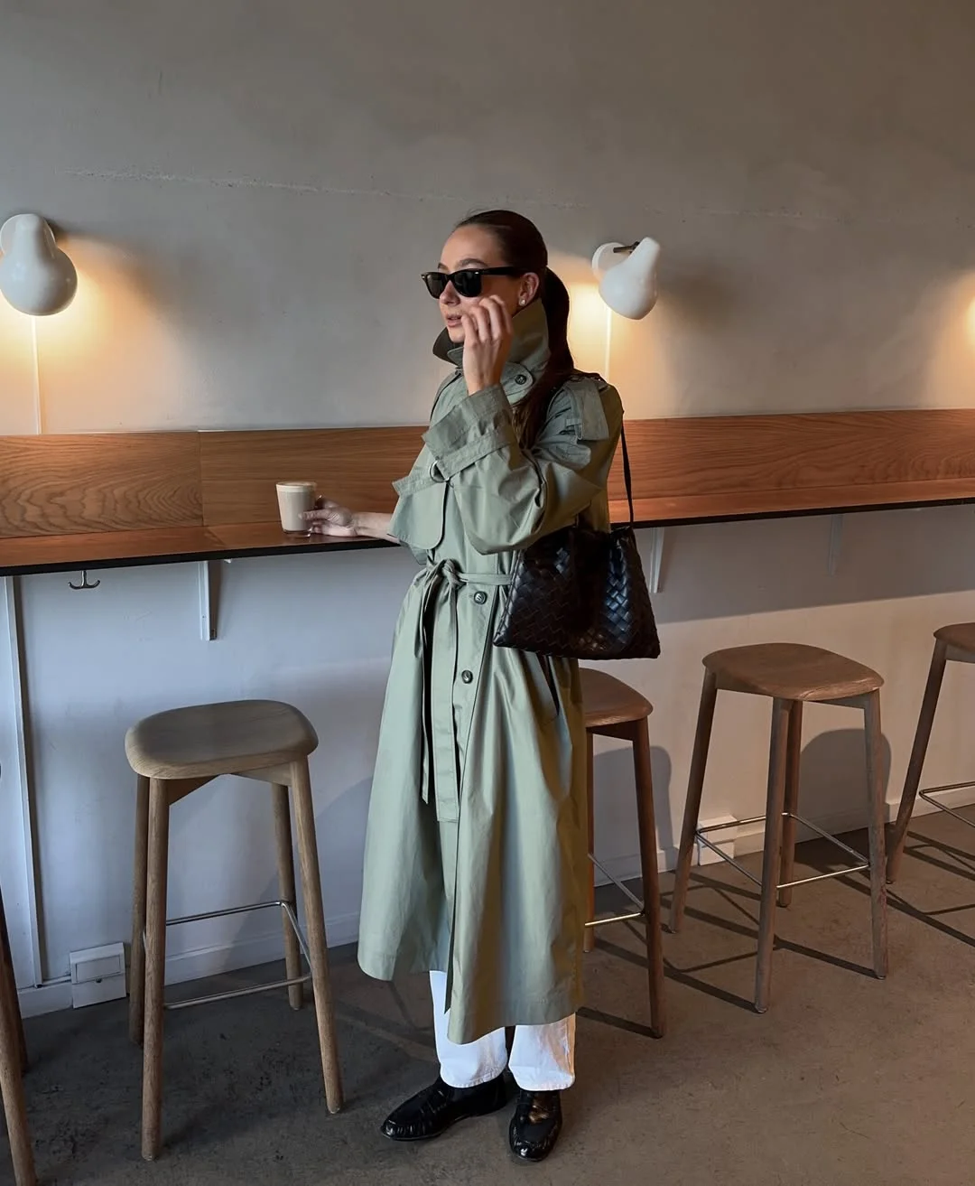 fall outfits with coat 2026 + Muted Green Trench With White Trousers and Black Loafers