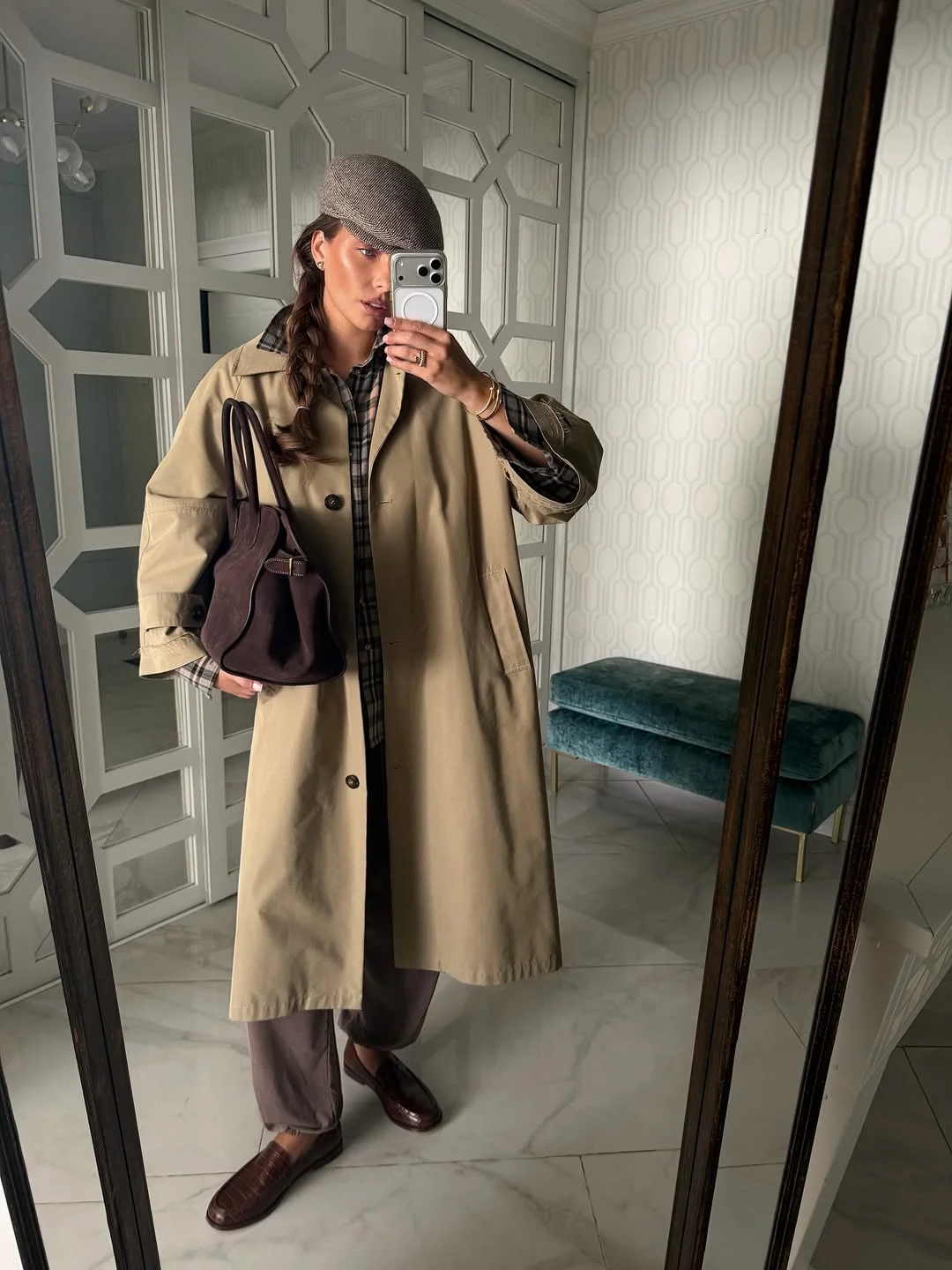 fall outfits with coat 2026 + Plaid Shirt and Loafers Under a Classic Mac