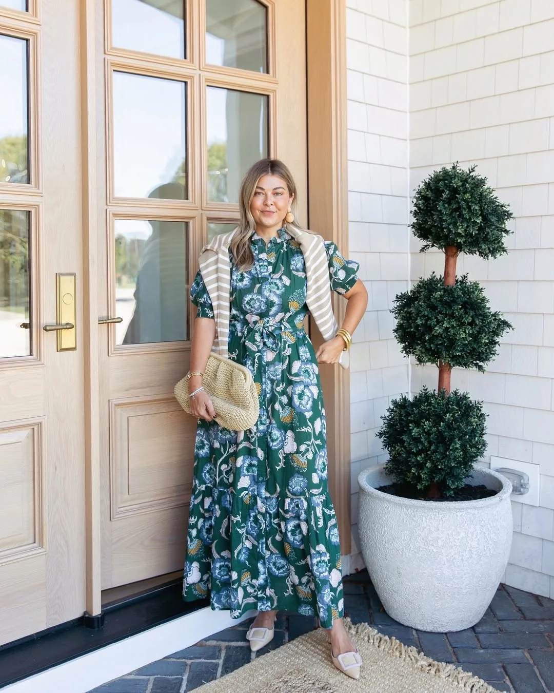 fall outfits with dresses 2026 Emerald Floral Ease With A Soft Sweater Twist