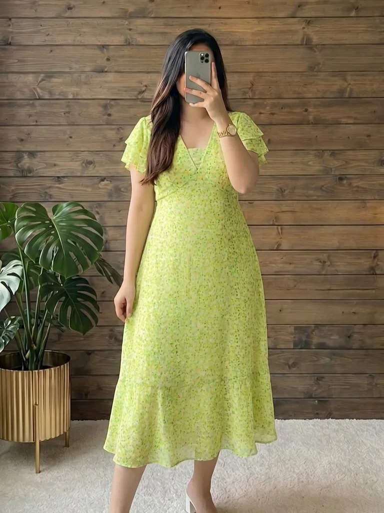 fall outfits with dresses 2026 Lime Floral Midi With Soft White Heels