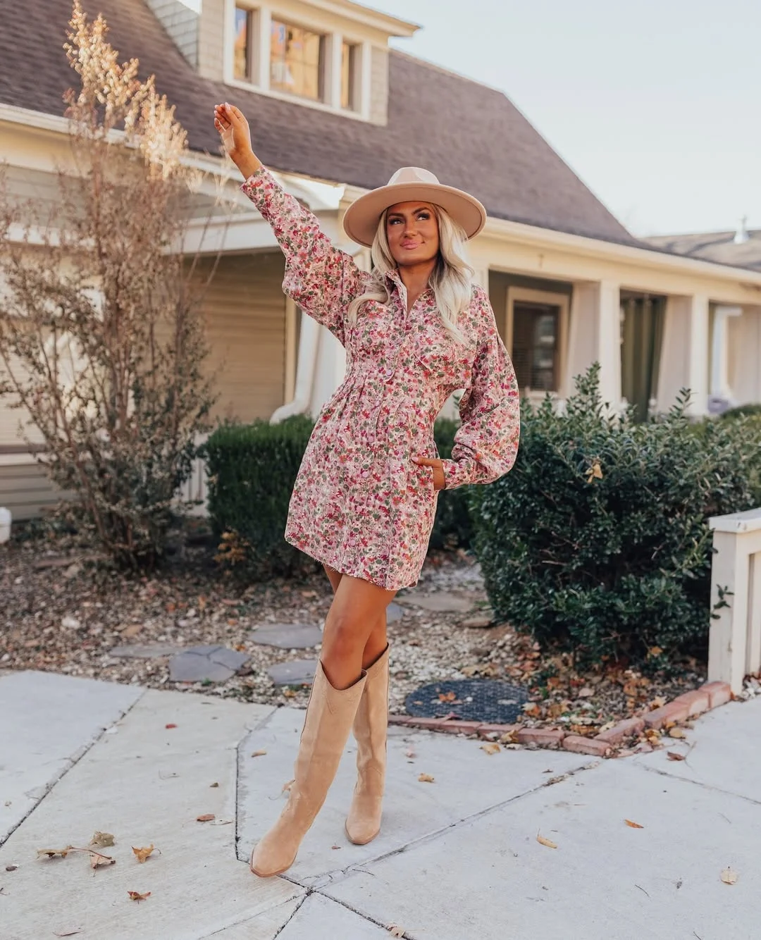 fall outfits with dresses 2026 Pink Floral Mini Dress With Western Boots