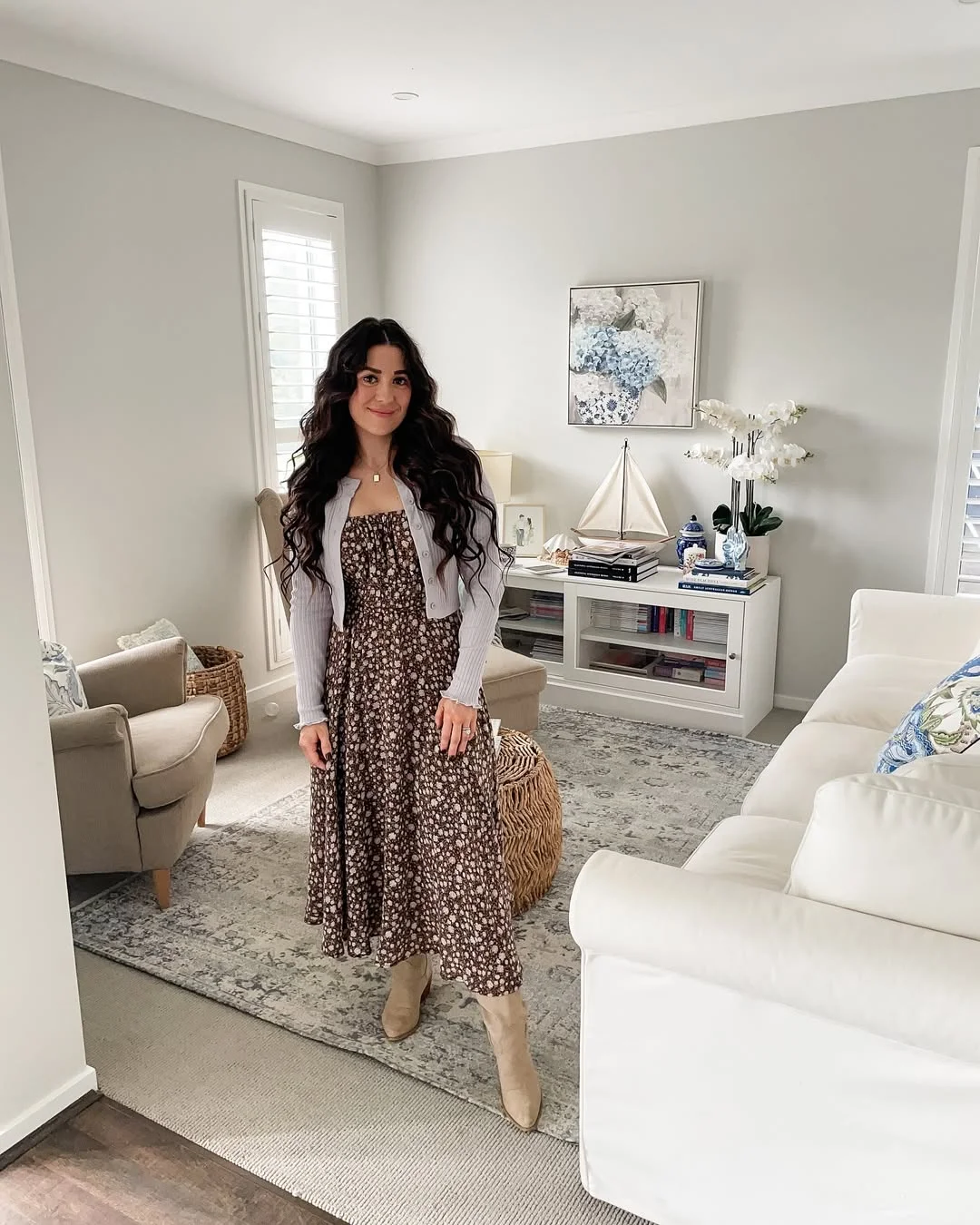 fall outfits with dresses 2026 Chocolate Floral Dress With A Cropped Cardigan