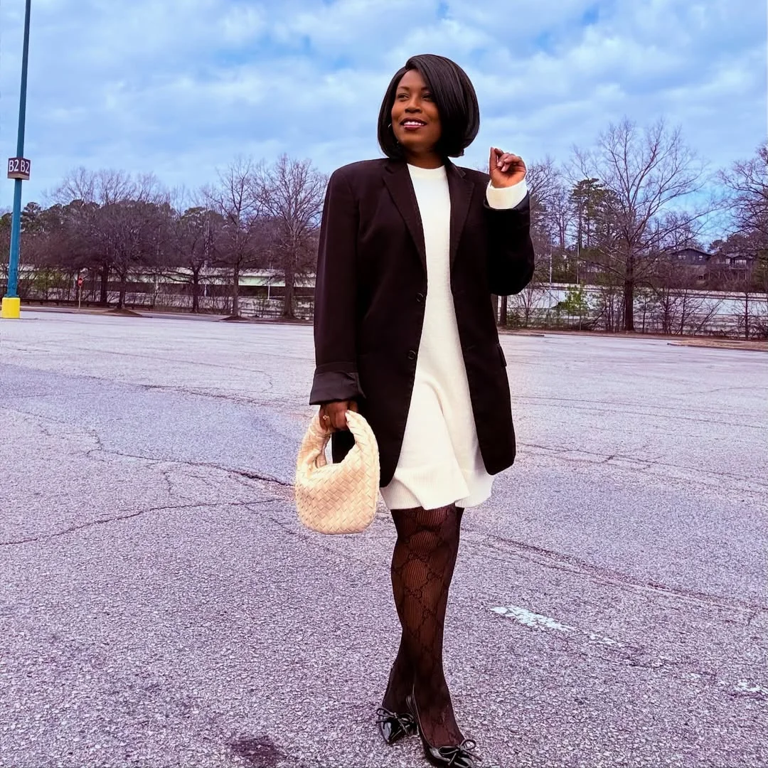 fall outfits with dresses 2026 Black Blazer Over A Cream Sweater Dress