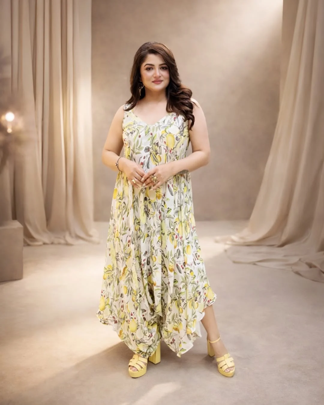fall outfits with dresses 2026 Lemon Print Flow With Statement Yellow Heels