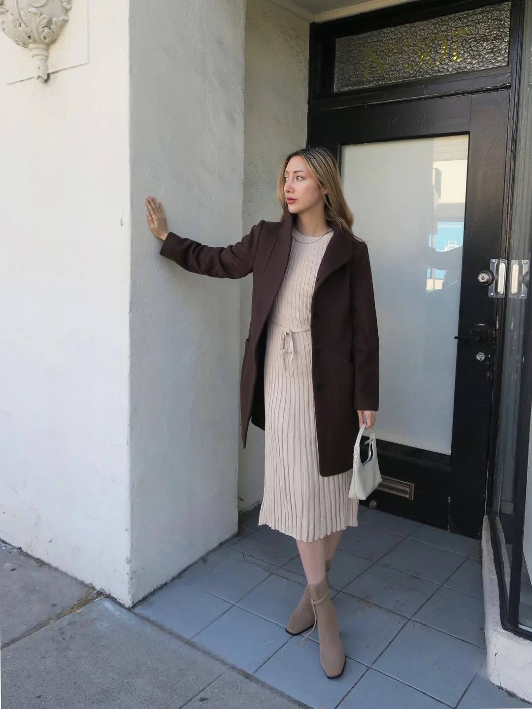 fall outfits with dresses 2026 Ribbed Knit Dress With A Chocolate Coat