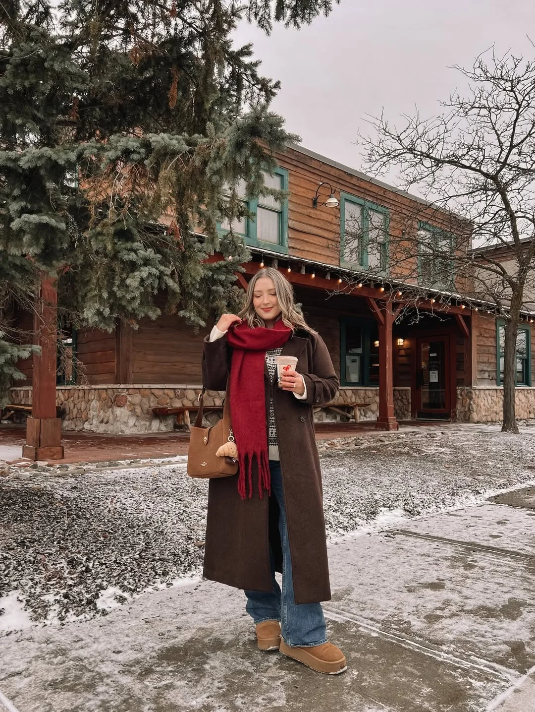 fall outfits with jeans 2026 + Cocoa Coat, Wide Jeans, And A Cherry-Red Scarf