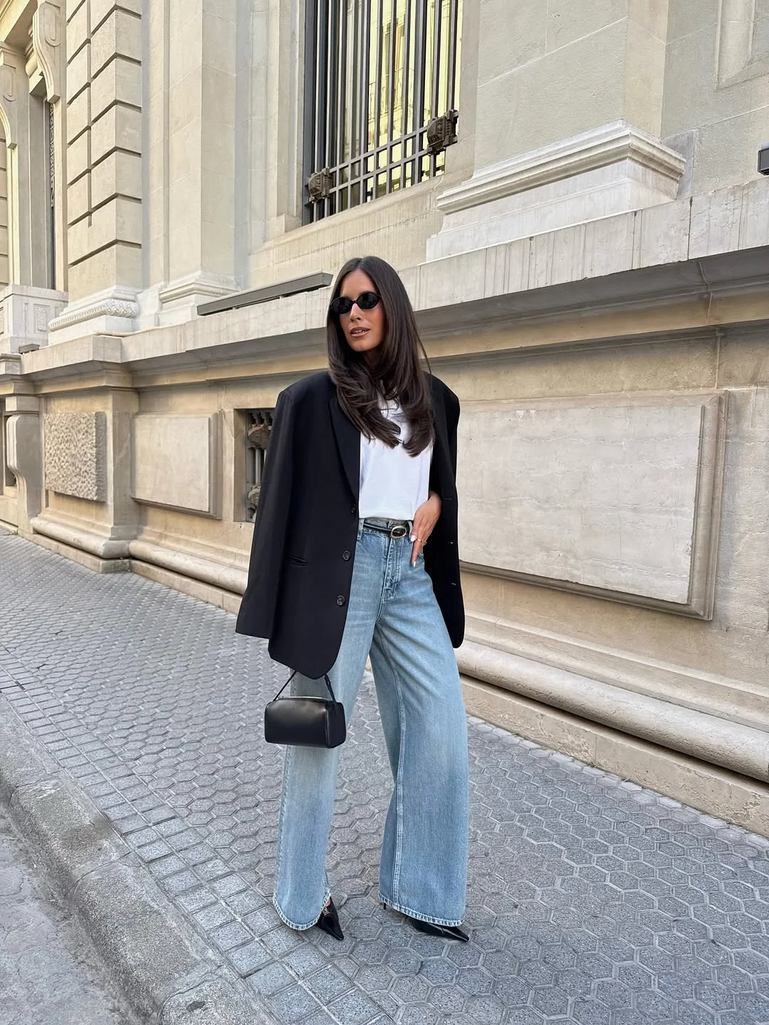 fall outfits with jeans 2026 + Oversized Black Blazer With Wide-Leg Denim