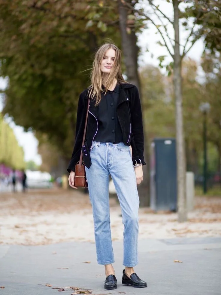 fall outfits with jeans 2026 + Black Jacket, Cropped Jeans, And Classic Loafers
