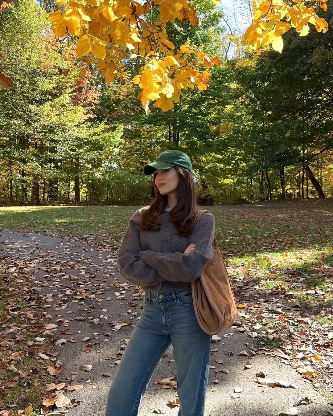 fall outfits with jeans 2026 + Gray Sweater, Blue Jeans, And A Green Baseball Cap