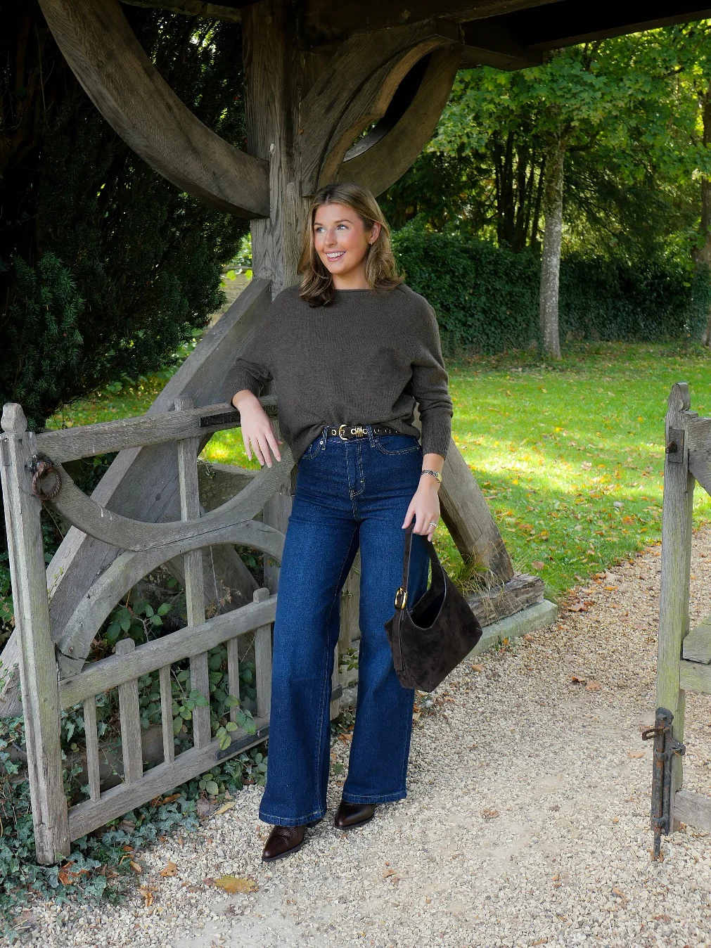 fall outfits with jeans 2026 + Olive Knit, Dark Flare Jeans, And Pointed Brown Boots