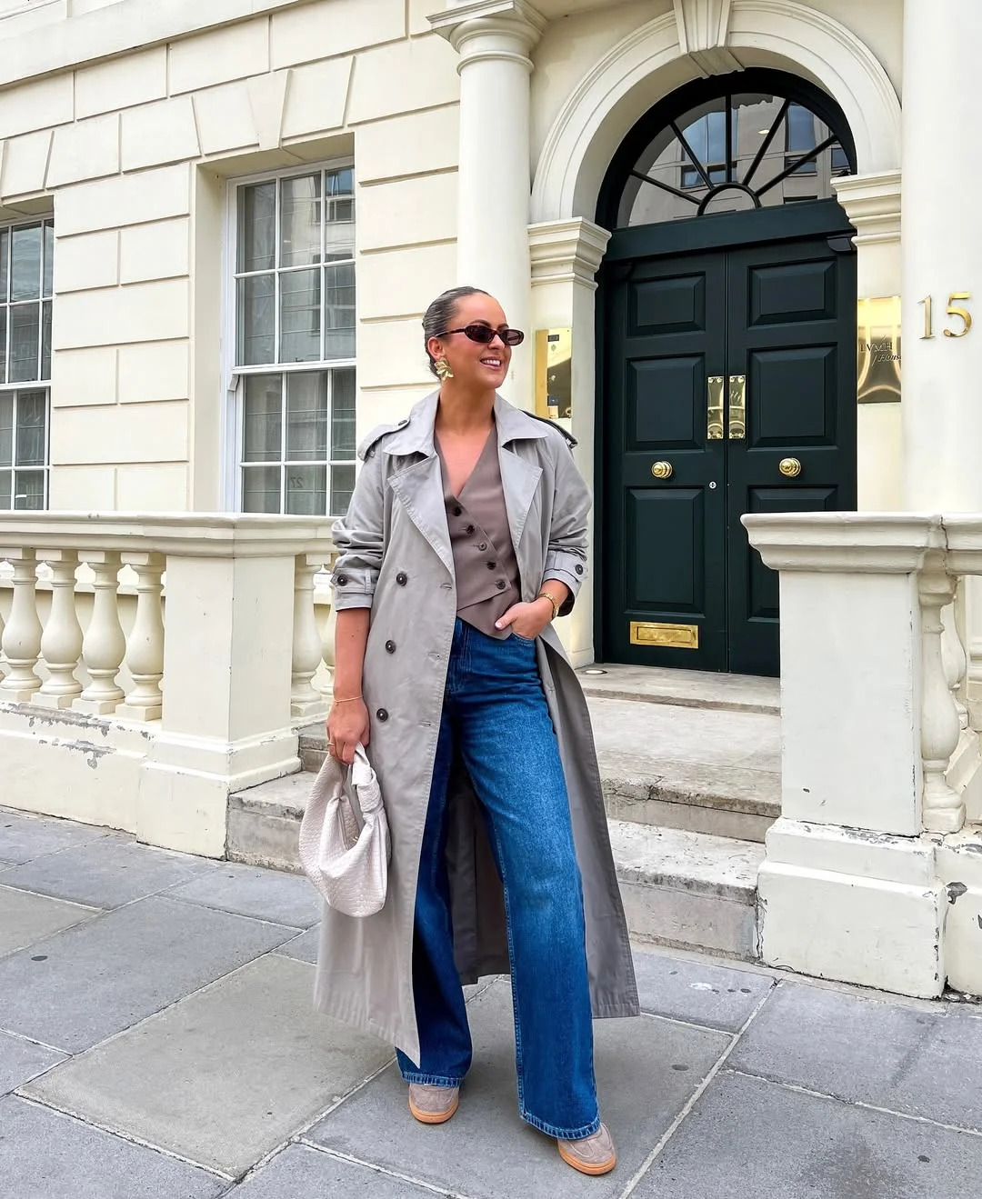 fall outfits with jeans 2026 + Trench Coat, Tailored Vest, And Wide Blue Jeans