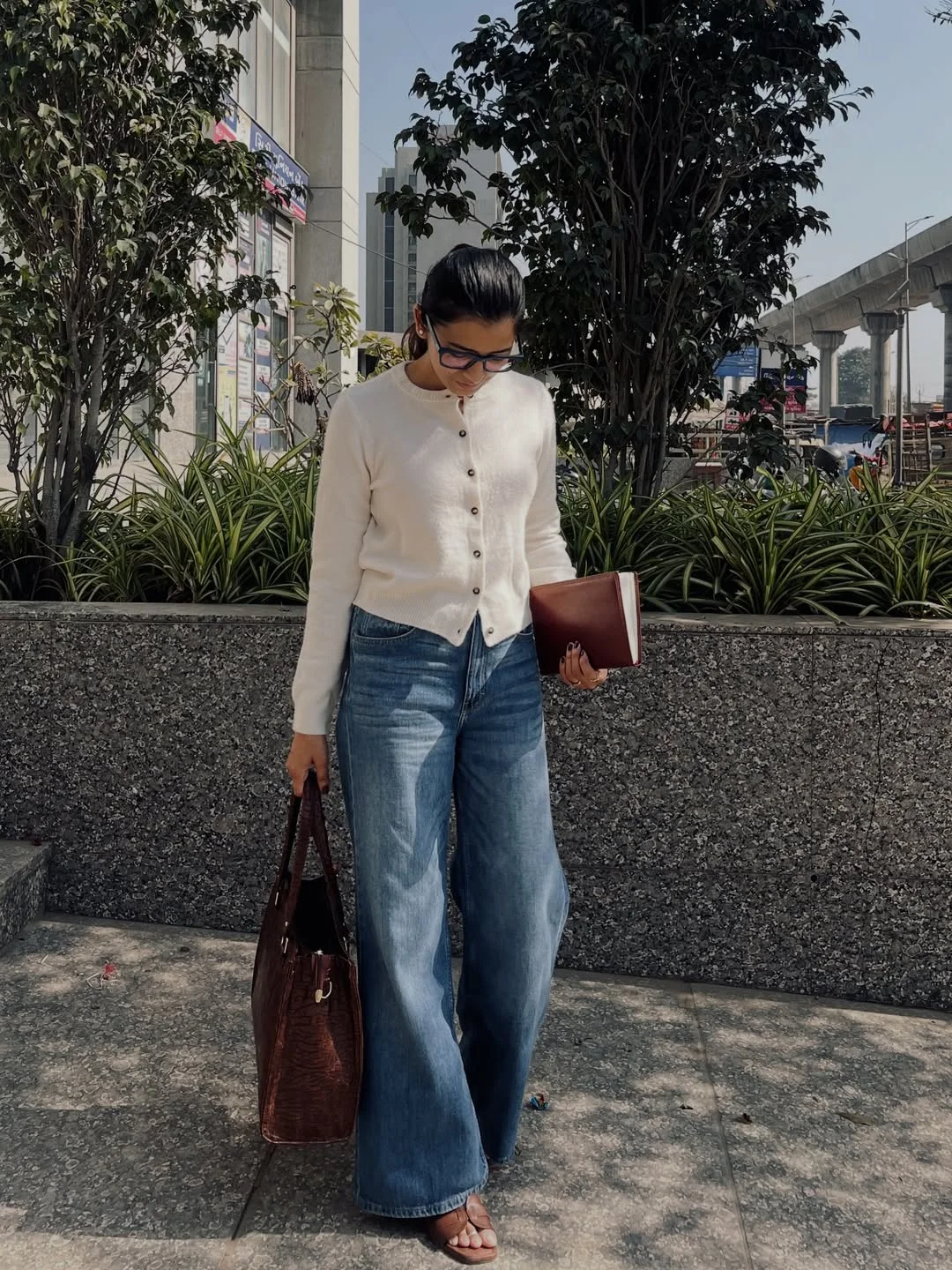 fall outfits with jeans 2026 + Cream Cardigan And Wide-Leg Denim For City Errands