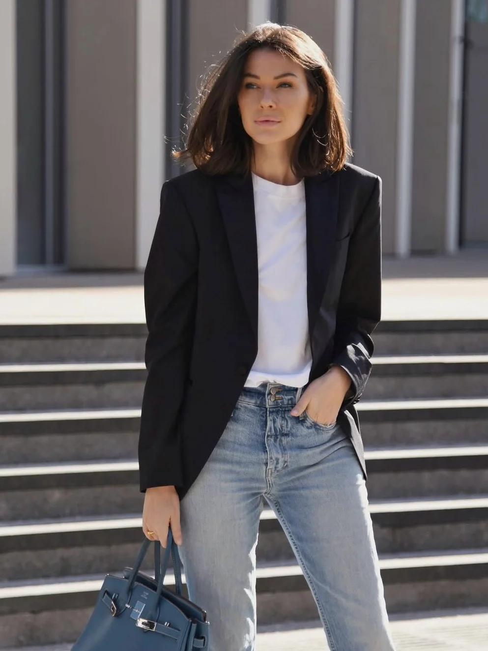 fall outfits with jeans 2026 + Sharp Black Blazer With Light-Wash Denim