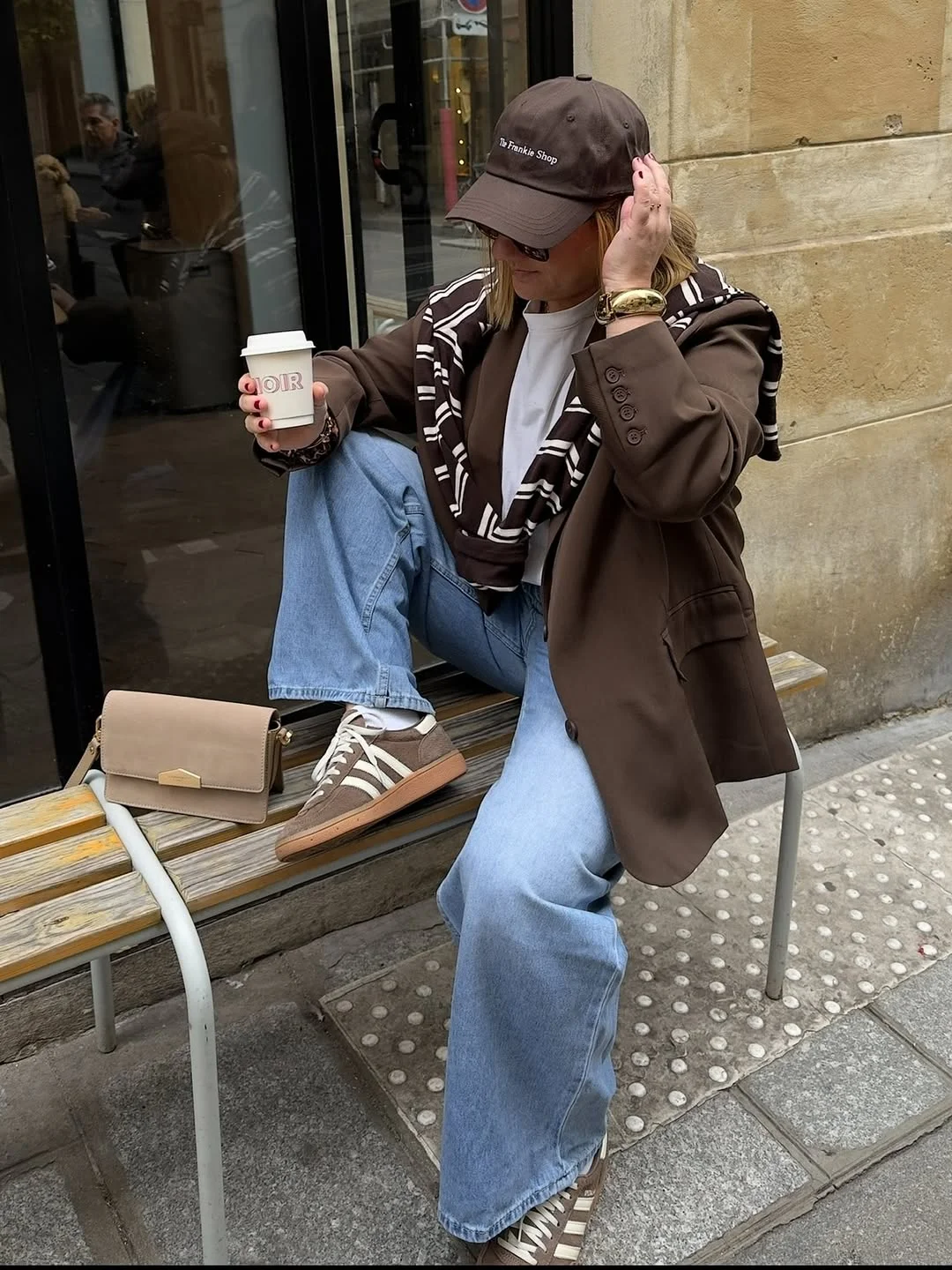 fall outfits with jeans 2026 + Brown Blazer, Baseball Cap, And Denim Sneakers Energy