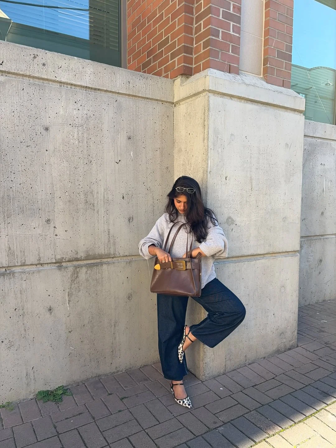 fall outfits with jeans 2026 + Soft Gray Sweater, Dark Wide Jeans, And Leopard Heels