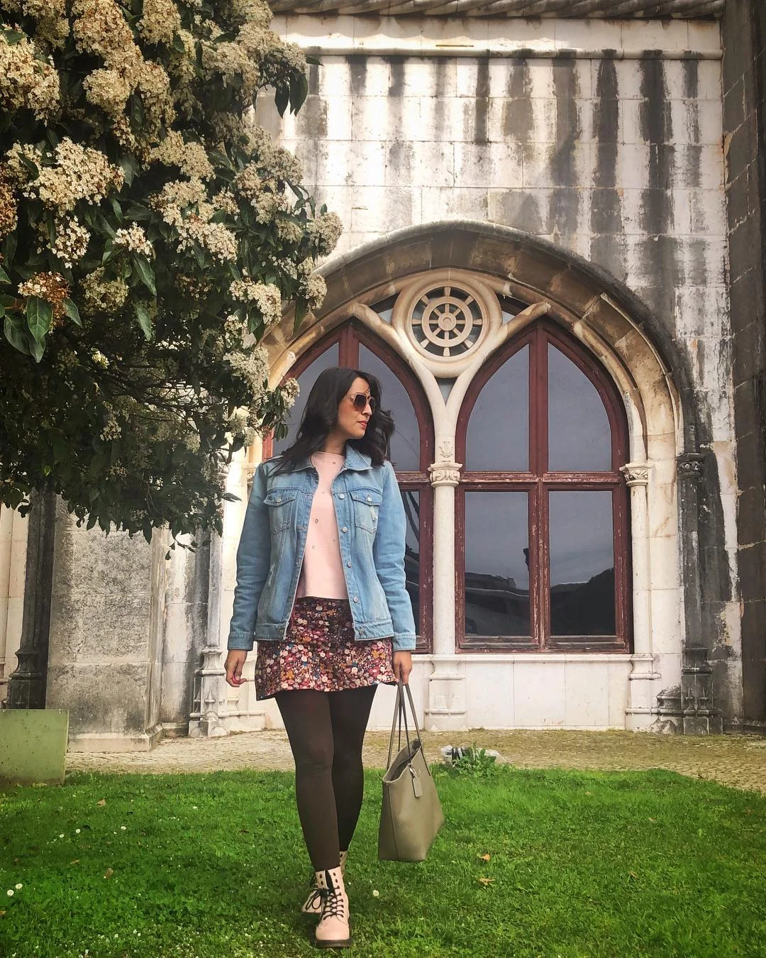 fall outfits with jeans jacket 2026 Floral Mini Skirt, Tights, And A Classic Denim Jacket