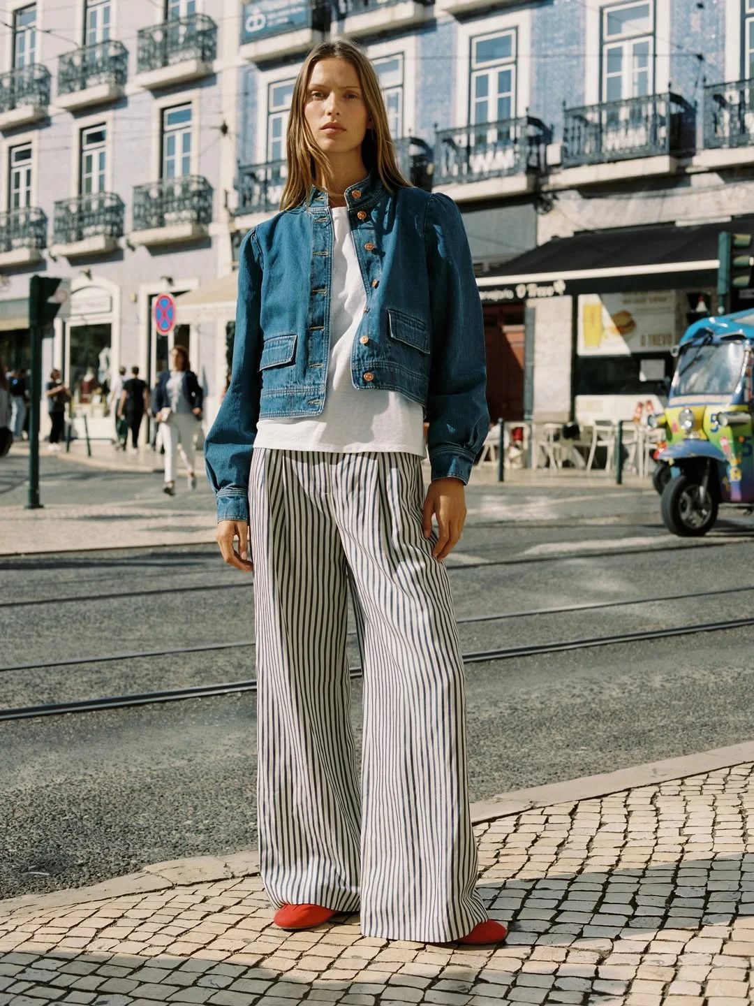 fall outfits with jeans jacket 2026 Cropped Denim, Striped Trousers, And A Red Shoe Twist