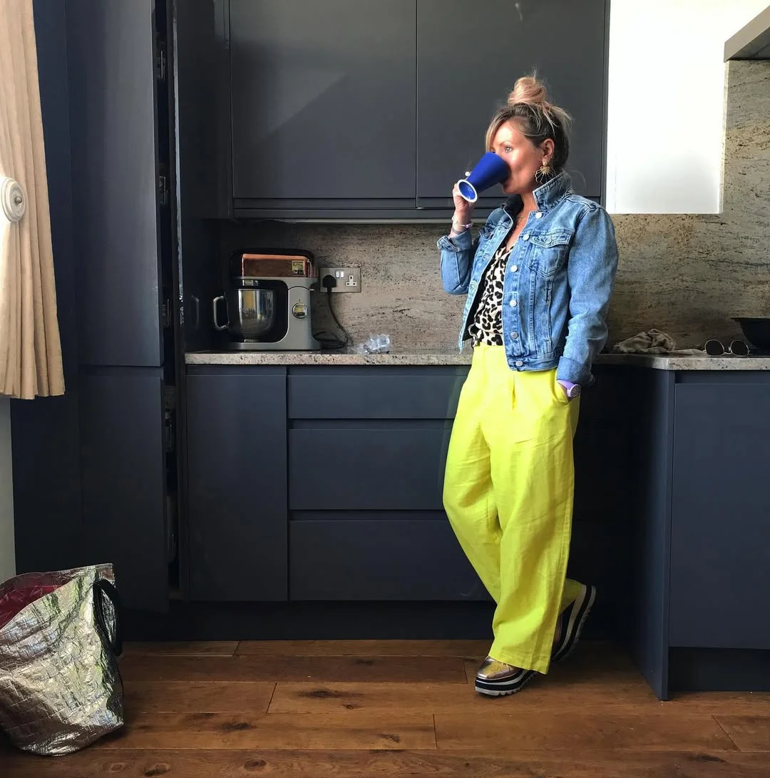 fall outfits with jeans jacket 2026 Light Denim And Neon Trousers For A Bold Casual Refresh