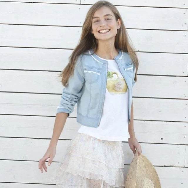 fall outfits with jeans jacket 2026 Pale Denim Jacket With A Soft Skirt For A Light Fall Mood