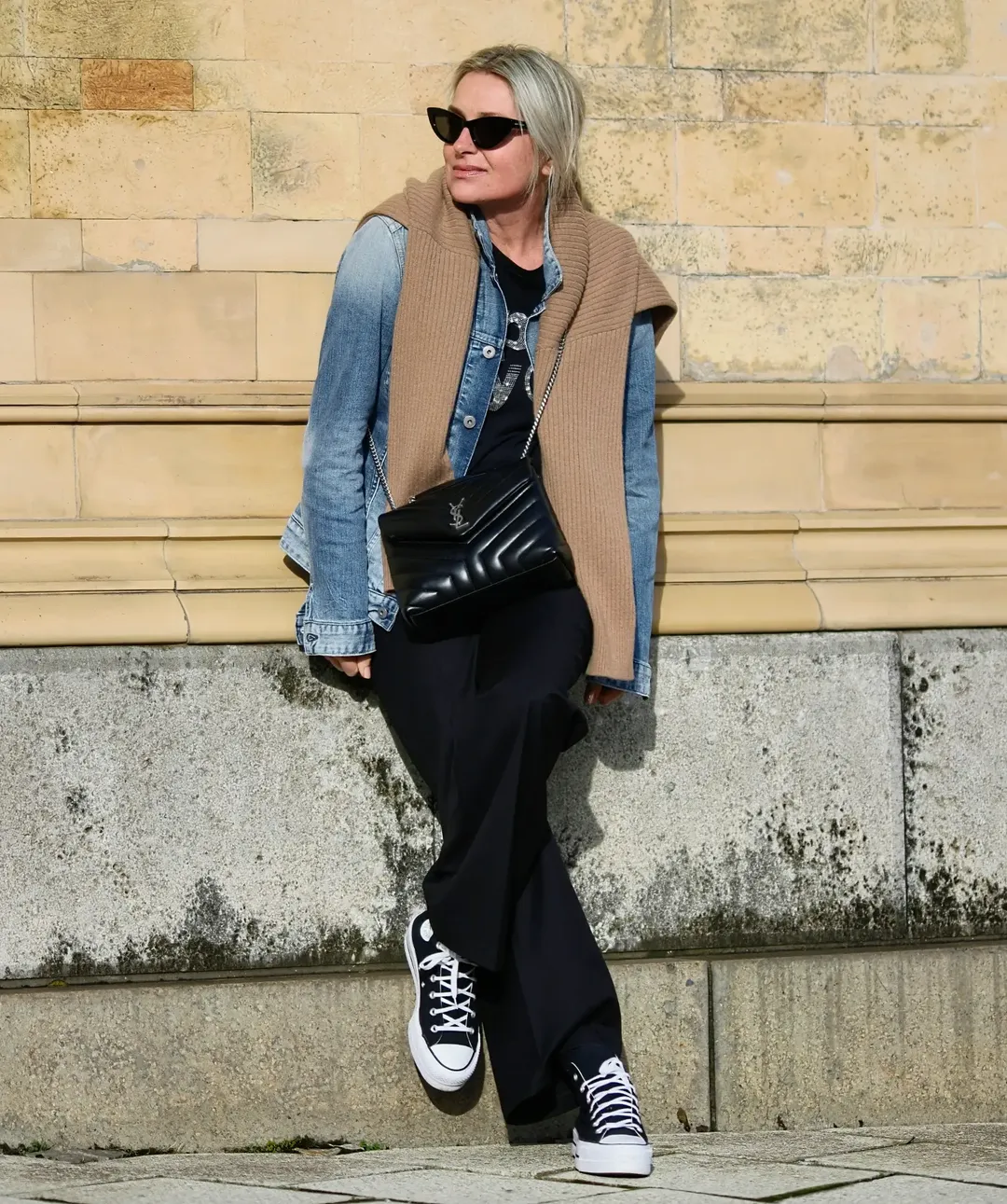 fall outfits with jeans jacket 2026 Black Layers, Blue Denim, And Weekend Sneakers