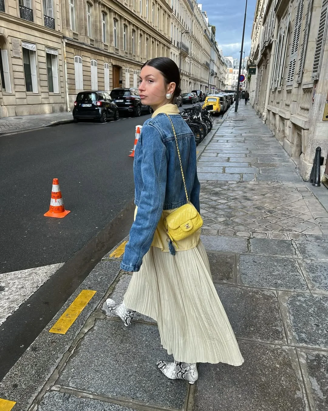 fall outfits with jeans jacket 2026 Pleated Skirt, Yellow Accents, And A Parisian Denim Mix