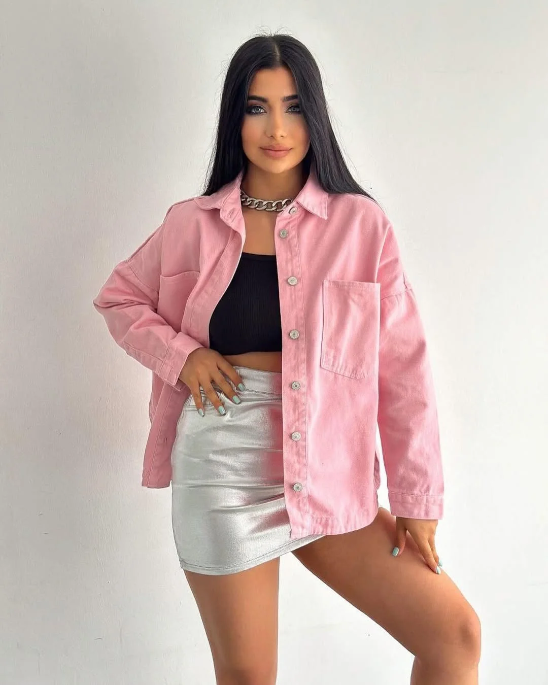fall outfits with jeans jacket 2026 Pink Denim, Metallic Mini, And A Soft-Glam Twist