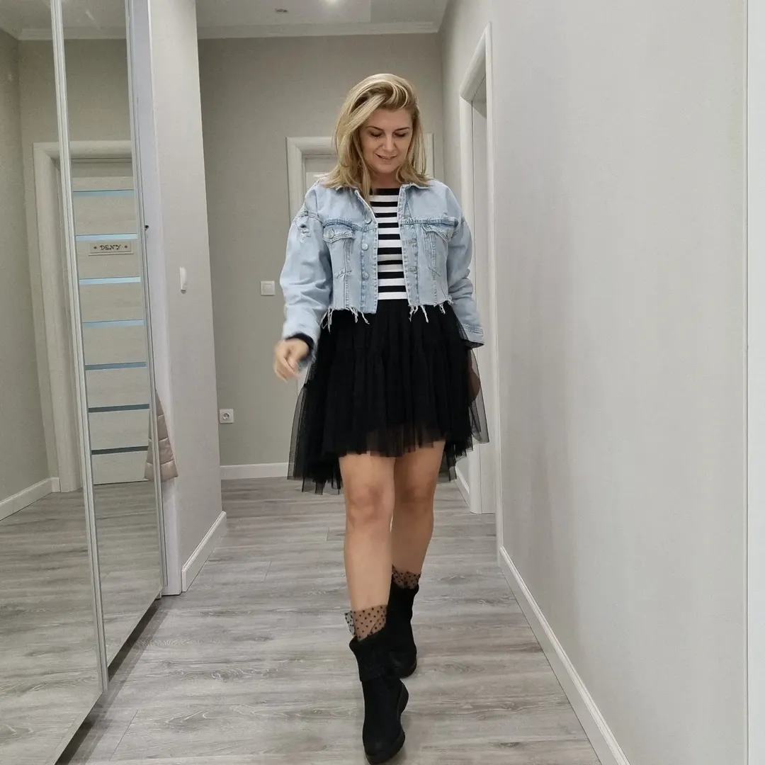 fall outfits with jeans jacket 2026 Cropped Denim, Tulle Skirt, And Playful Black Boots