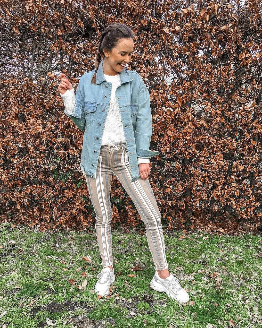 fall outfits with jeans jacket 2026 Striped Pants, White Sneakers, And Light Denim Ease