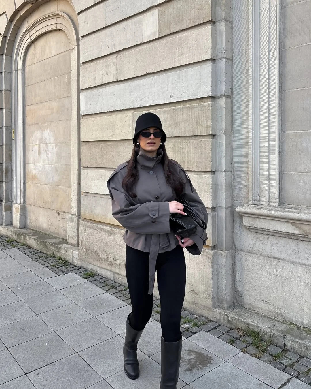fall outfits with leggings and boots 2026 + Structured Charcoal Jacket With Black Leggings
