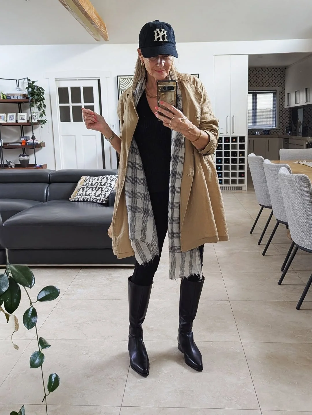 fall outfits with leggings and boots 2026 + Camel Coat and Plaid Scarf With Tall Pointed Boots