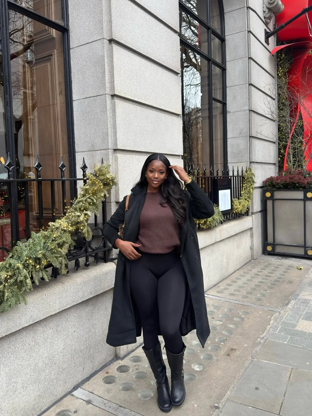 fall outfits with leggings and boots 2026 + Cocoa Knit and Long Black Coat for a Polished City Look