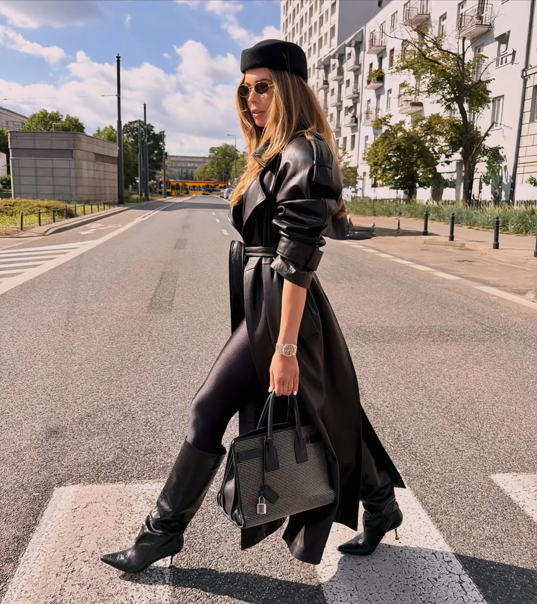 fall outfits with leggings and boots 2026 + Black Leather Trench With Sleek Knee-High Boots