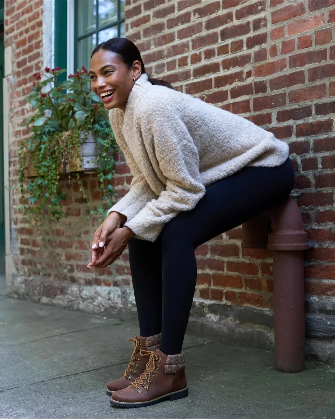 fall outfits with leggings and boots 2026 + Soft Teddy Sweater and Brown Lace-Up Boots