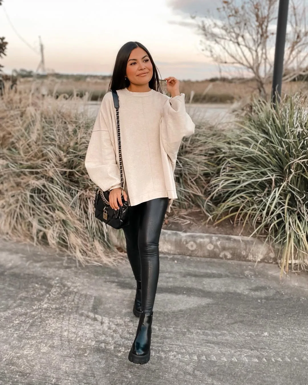 fall outfits with leggings and boots 2026 + Polished Chelsea Boots and Faux-Leather Leggings