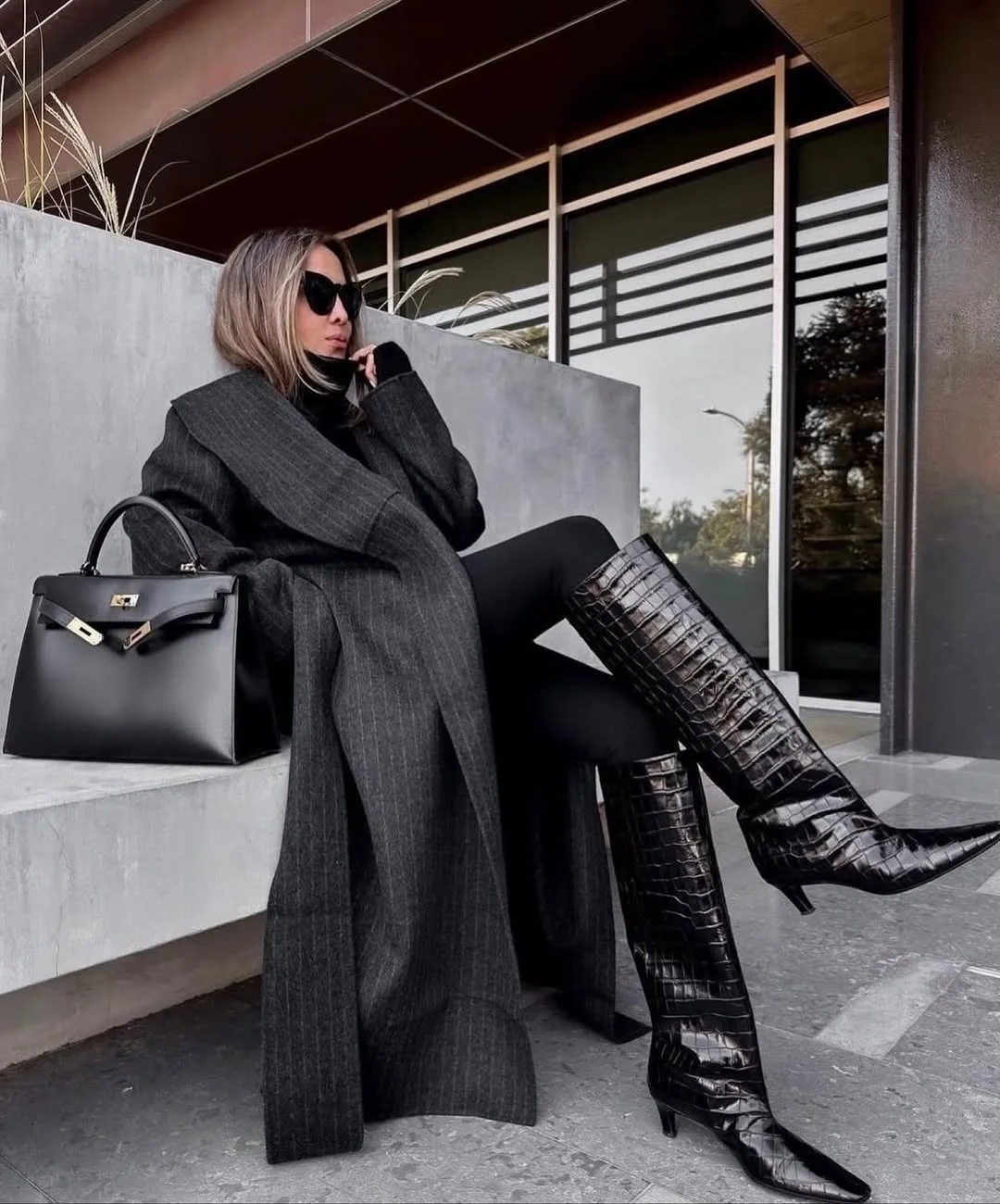 fall outfits with leggings and boots 2026 + Pinstriped Coat and Croc-Embossed Boots for a Power Look