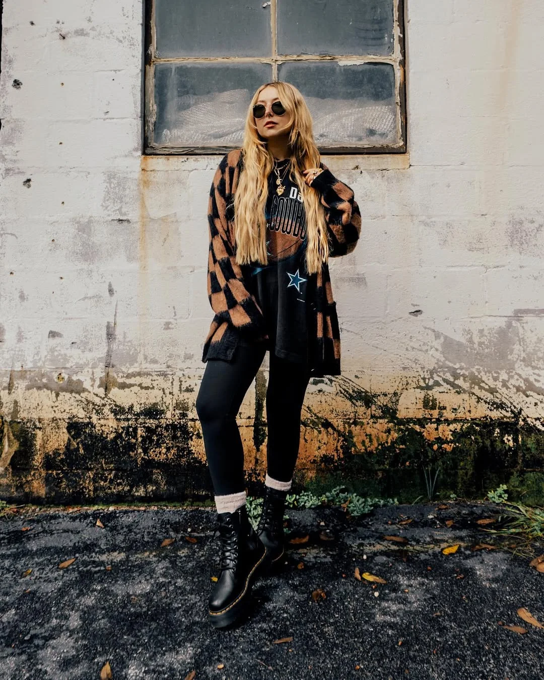 fall outfits with leggings and boots 2026 + Combat Boots With a Graphic Tee and Plaid Knit