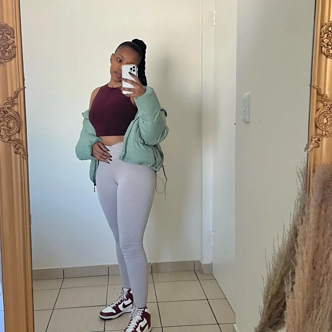 fall outfits with leggings and sneakers 2026 Mint Puffer With Ribbed Leggings And Burgundy Sneakers
