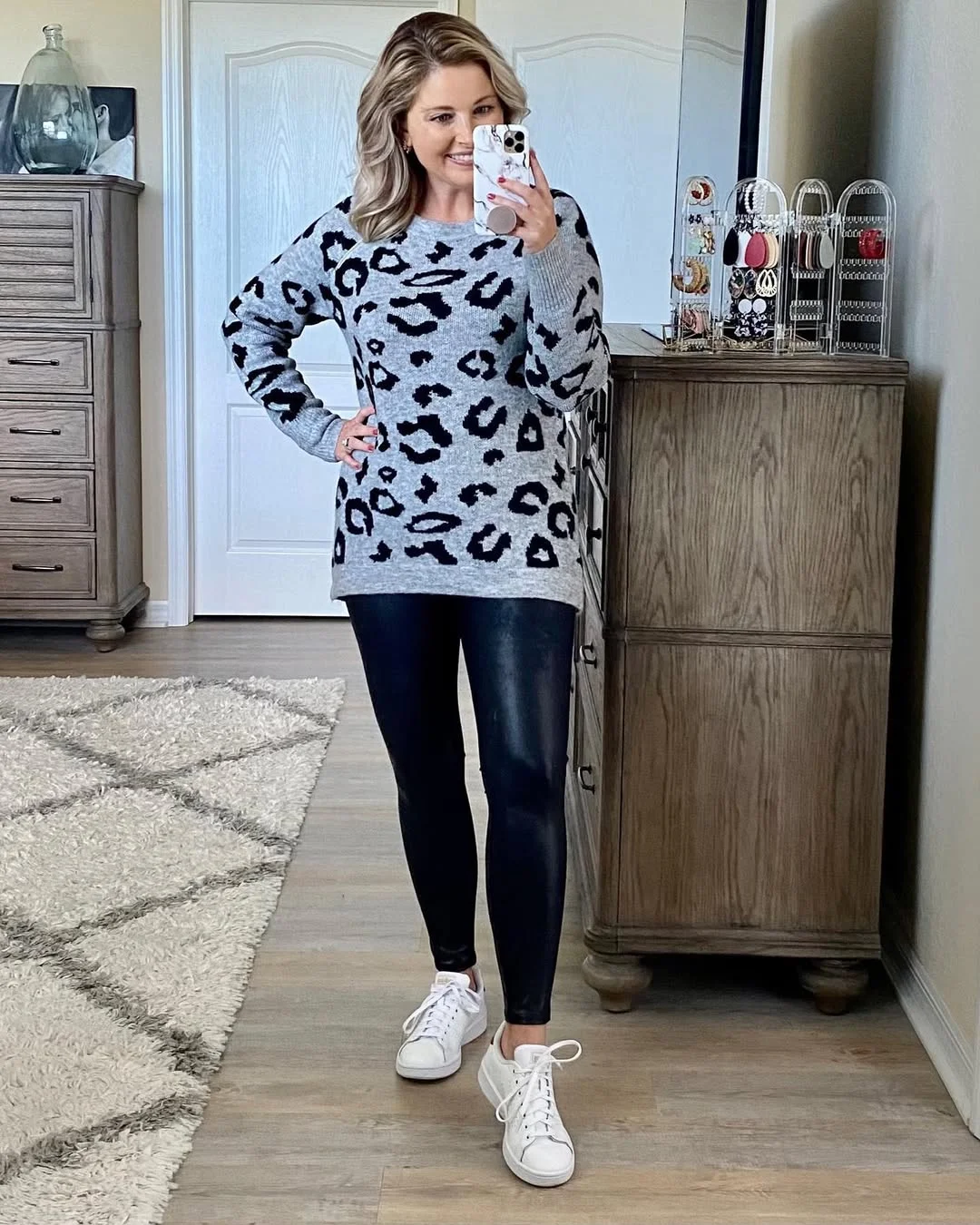 fall outfits with leggings and sneakers 2026 Gray Leopard Sweater With Faux Leather Leggings