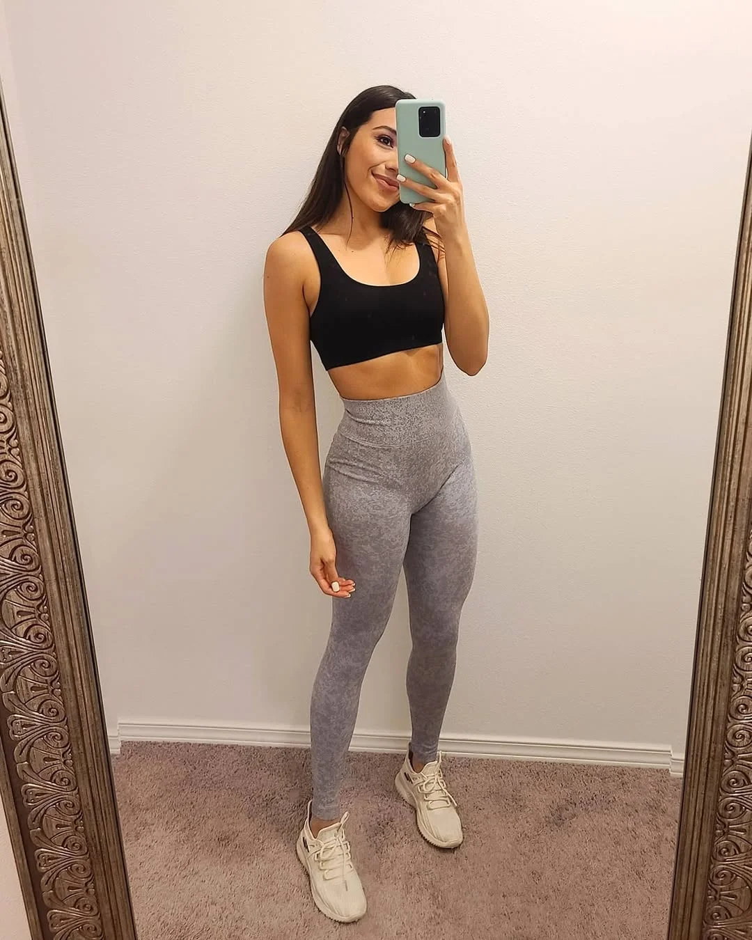 fall outfits with leggings and sneakers 2026 Gray High-Waist Leggings With A Black Sport Bra