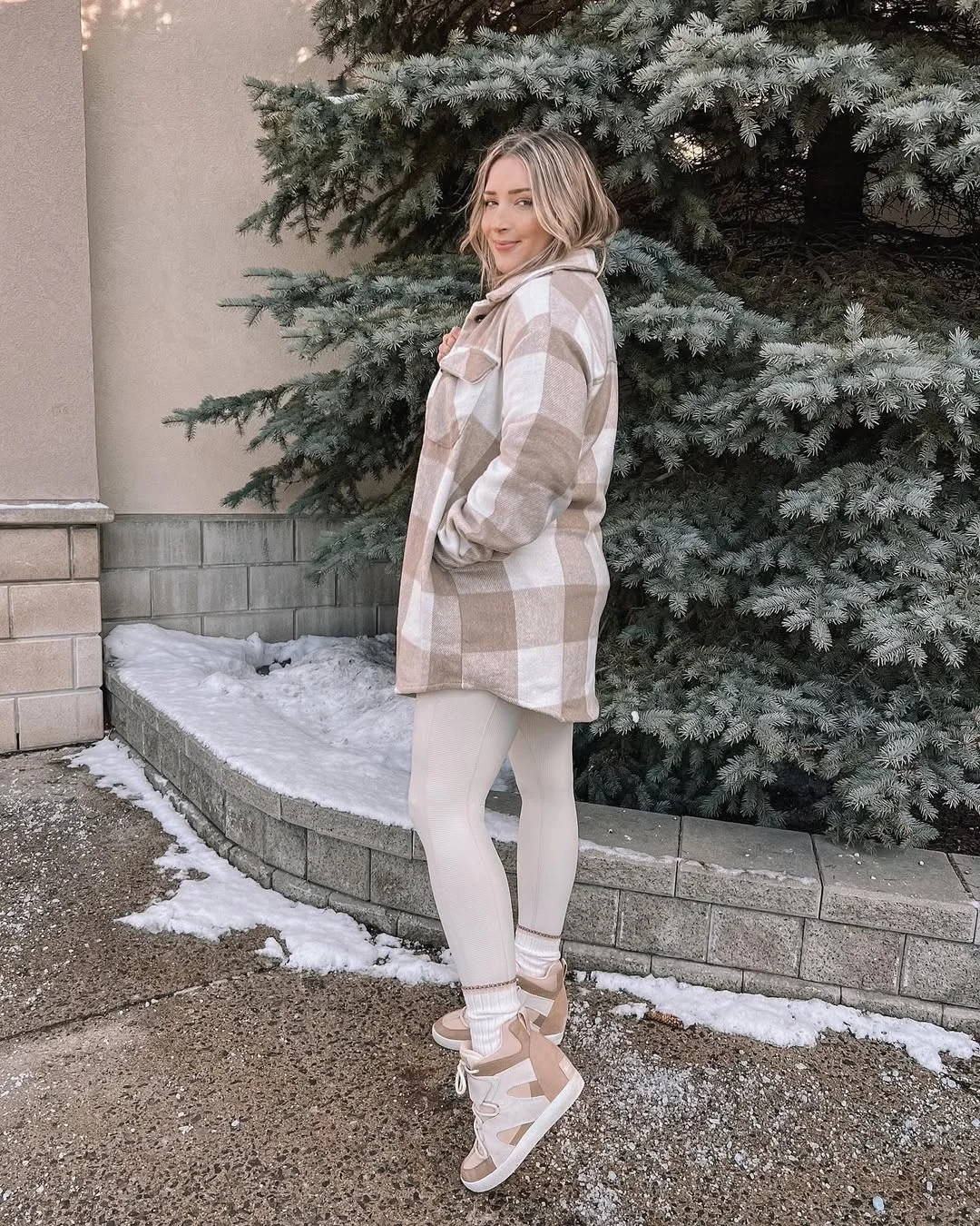 fall outfits with leggings and sneakers 2026 Cream Plaid Shacket With Soft Ribbed Leggings